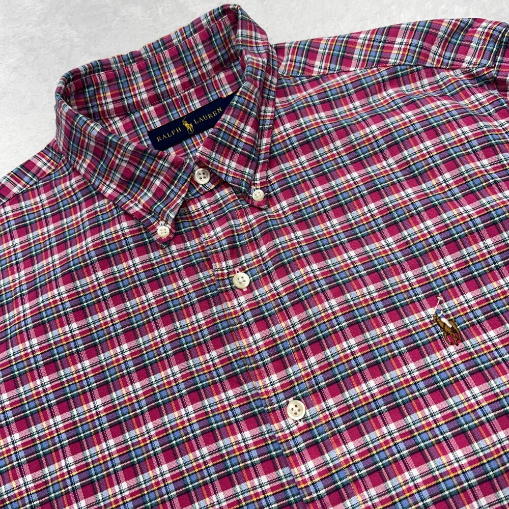 Ralph Lauren Button Down Long Sleeve Cotton Shirt Men L Pink Multi Check
